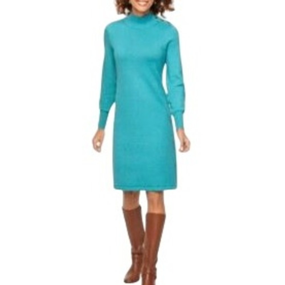 Talbots Women's Blue‎ Sweater Dress Long Sleeve Mock Neck Gold Button Size Large